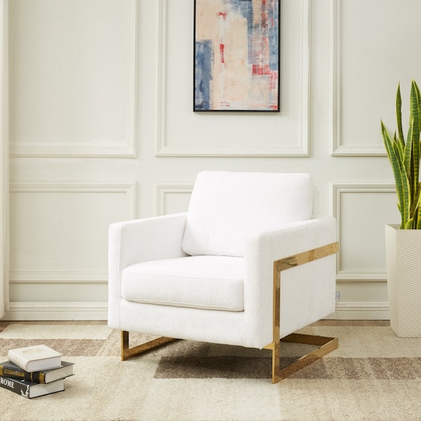Leisuremod Lincoln Boucle Fabric Armchair with Gold Stainless Steel Frame & Removable Back Cushion, White - LA31-B-W