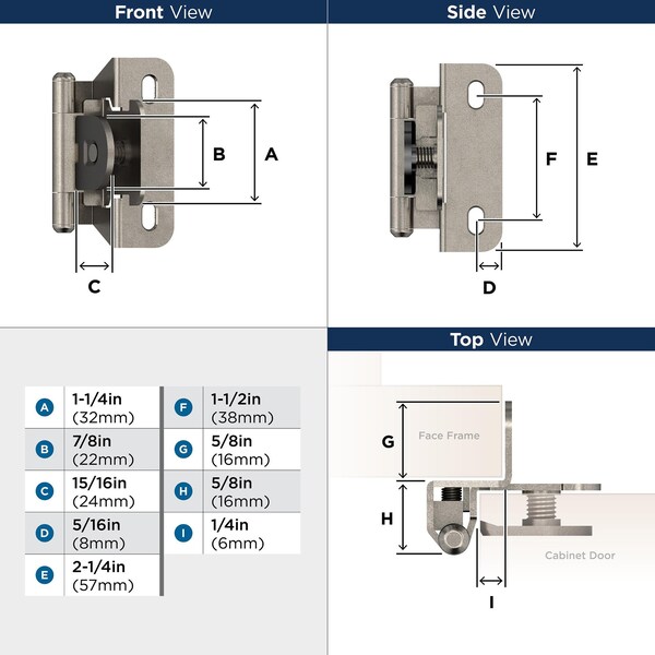 Amerock 1/4in 6mm Overlay Single Demountable Partial Wrap Nickel Cabinet Hinge, 1 Pair - BPR871514