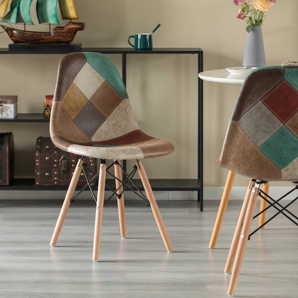 Fabulaxe Modern Fabric Patchwork Chair w/Leather and Suede Like Tones w/Wooden Legs, PK 2 - QI004326.2