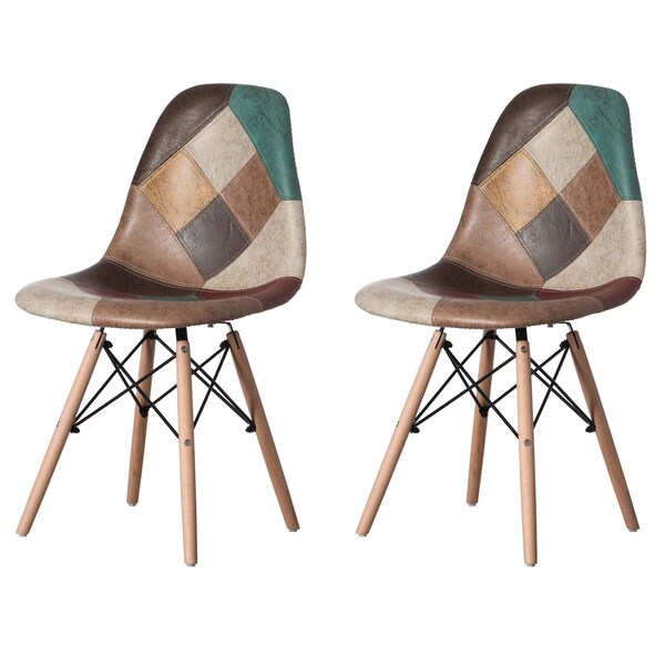 Fabulaxe Modern Fabric Patchwork Chair w/Leather and Suede Like Tones w/Wooden Legs, PK 2 - QI004326.2