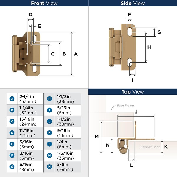 Amerock 1/4in 6mm Overlay Self Closing Partial Wrap Champagne Bronze Cabinet Hinge, 1 Pair - BPR7566CZ