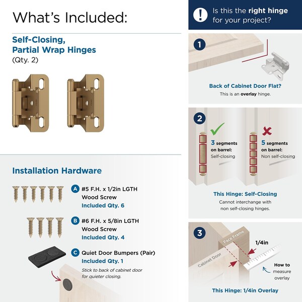 Amerock 1/4in 6mm Overlay Self Closing Partial Wrap Champagne Bronze Cabinet Hinge, 1 Pair - BPR7566CZ