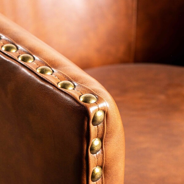 Flash Furniture Myles Club Style Commercial Barrel Accent Armchair, Brown Leathersoft Upholstery, Brass Nail Trim - BS-AC22-061-BRNPU-GG