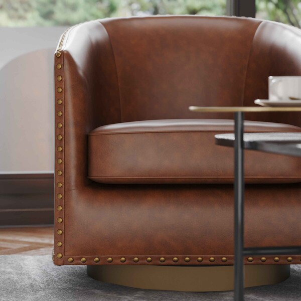 Flash Furniture Myles Club Style Commercial Barrel Accent Armchair, Brown Leathersoft Upholstery, Brass Nail Trim - BS-AC22-061-BRNPU-GG