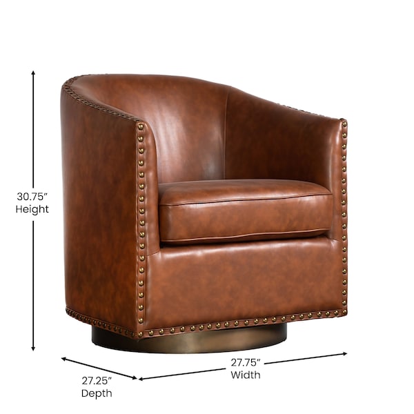 Flash Furniture Myles Club Style Commercial Barrel Accent Armchair, Brown Leathersoft Upholstery, Brass Nail Trim - BS-AC22-061-BRNPU-GG