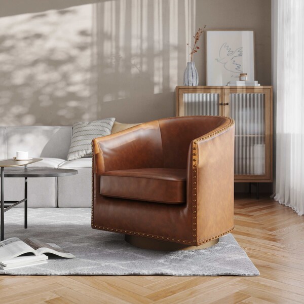 Flash Furniture Myles Club Style Commercial Barrel Accent Armchair, Brown Leathersoft Upholstery, Brass Nail Trim - BS-AC22-061-BRNPU-GG