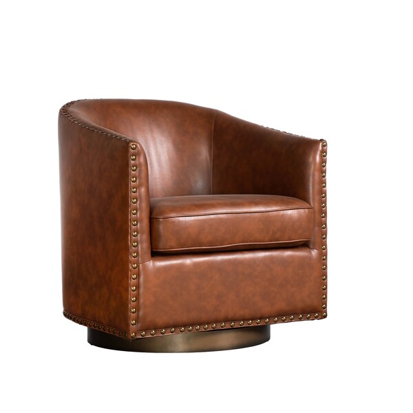 Flash Furniture Myles Club Style Commercial Barrel Accent Armchair, Brown Leathersoft Upholstery, Brass Nail Trim - BS-AC22-061-BRNPU-GG