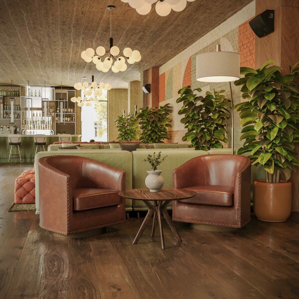 Flash Furniture Myles Club Style Commercial Barrel Accent Armchair, Brown Leathersoft Upholstery, Brass Nail Trim - BS-AC22-061-BRNPU-GG
