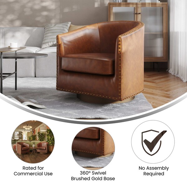 Flash Furniture Myles Club Style Commercial Barrel Accent Armchair, Brown Leathersoft Upholstery, Brass Nail Trim - BS-AC22-061-BRNPU-GG