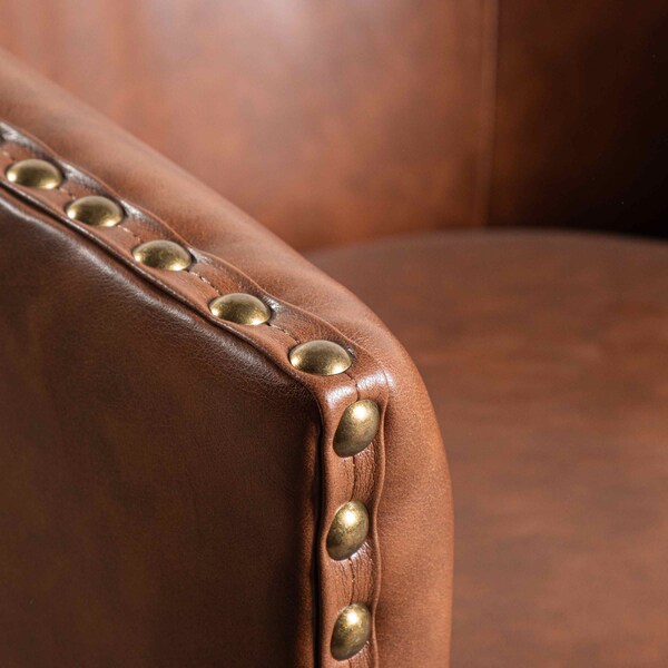 Flash Furniture Myles Club Style Commercial Barrel Accent Armchair, Brown Leathersoft Upholstery, Brass Nail Trim - BS-AC22-061-BRNPU-GG