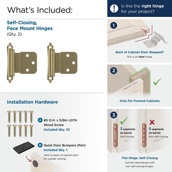 Amerock 3/8in 10mm Inset Self Closing Face Mount Golden Champagne Cabinet Hinge, 1 Pair - BPR7928BBZ