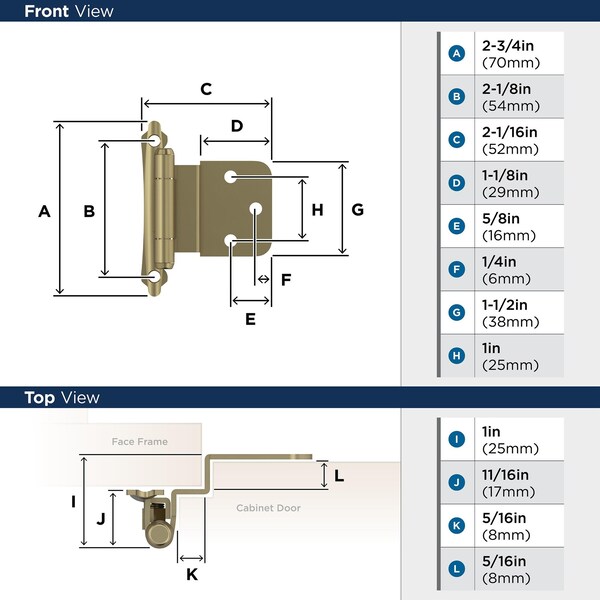 Amerock 3/8in 10mm Inset Self Closing Face Mount Golden Champagne Cabinet Hinge, 1 Pair - BPR7928BBZ