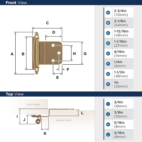 Amerock 3/8in 10mm Inset Non-Self Closing Face Mount Champagne Bronze Cabinet Hinge, 1 Pair - BPR3417CZ