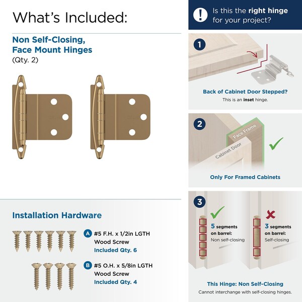 Amerock 3/8in 10mm Inset Non-Self Closing Face Mount Champagne Bronze Cabinet Hinge, 1 Pair - BPR3417CZ