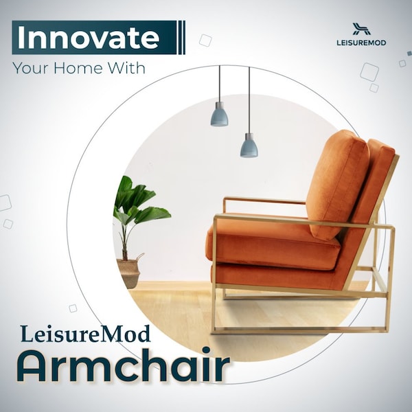 Leisuremod Jefferson Velvet Design Accent Armchair with Gold Brass Finish Frame, Orange Marmalade - JA29OR