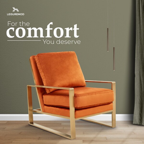 Leisuremod Jefferson Velvet Design Accent Armchair with Gold Brass Finish Frame, Orange Marmalade - JA29OR