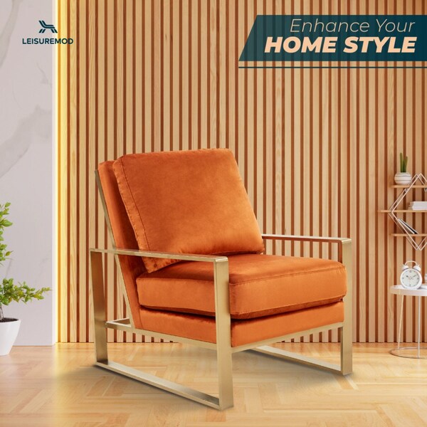 Leisuremod Jefferson Velvet Design Accent Armchair with Gold Brass Finish Frame, Orange Marmalade - JA29OR