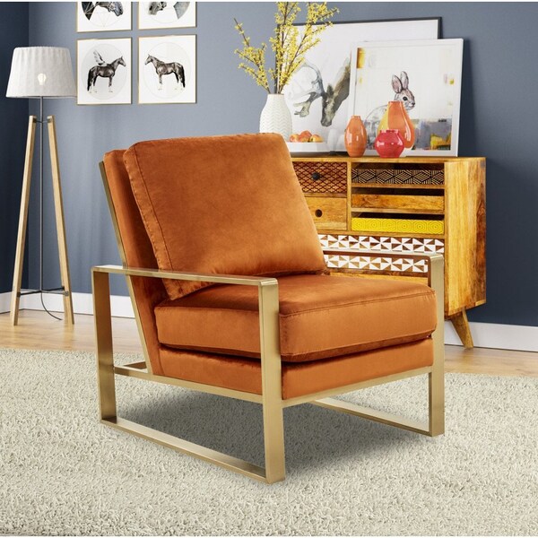 Leisuremod Jefferson Velvet Design Accent Armchair with Gold Brass Finish Frame, Orange Marmalade - JA29OR