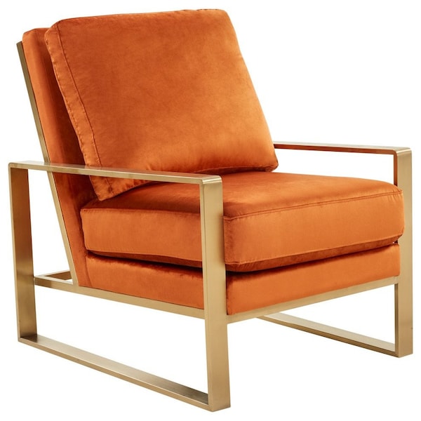 Leisuremod Jefferson Velvet Design Accent Armchair with Gold Brass Finish Frame, Orange Marmalade - JA29OR