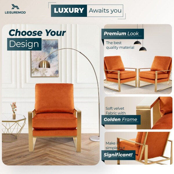 Leisuremod Jefferson Velvet Design Accent Armchair with Gold Brass Finish Frame, Orange Marmalade - JA29OR