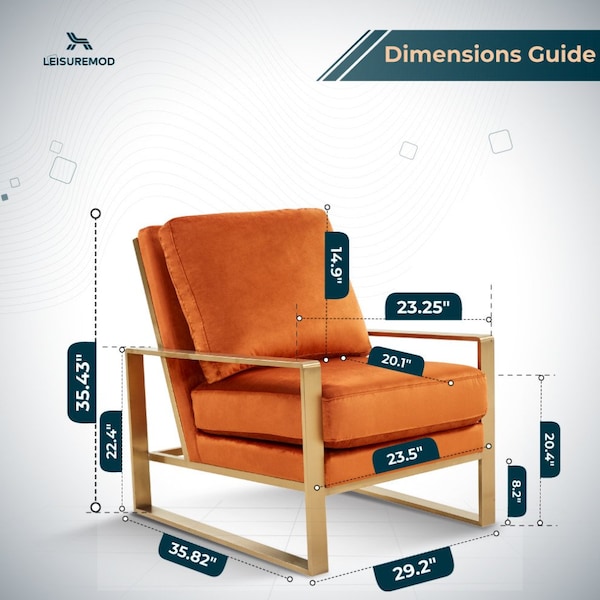 Leisuremod Jefferson Velvet Design Accent Armchair with Gold Brass Finish Frame, Orange Marmalade - JA29OR