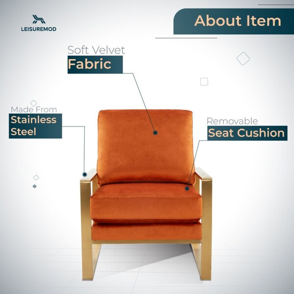 Leisuremod Jefferson Velvet Design Accent Armchair with Gold Brass Finish Frame, Orange Marmalade - JA29OR