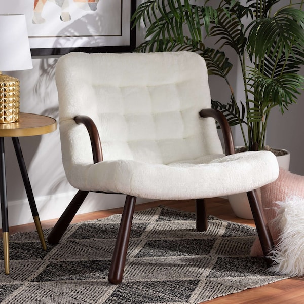 Baxton Studio Eisa Modern & Contemporary White Sherpa Upholstered and Walnut Brown Finished Wood Accent Chair - 204-12579