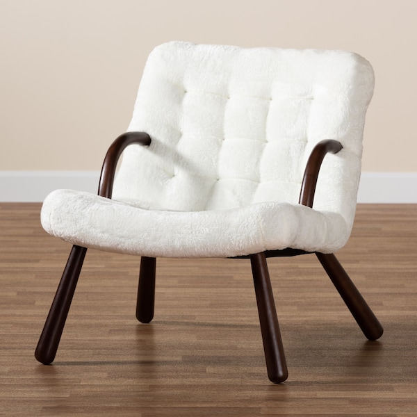 Baxton Studio Eisa Modern & Contemporary White Sherpa Upholstered and Walnut Brown Finished Wood Accent Chair - 204-12579