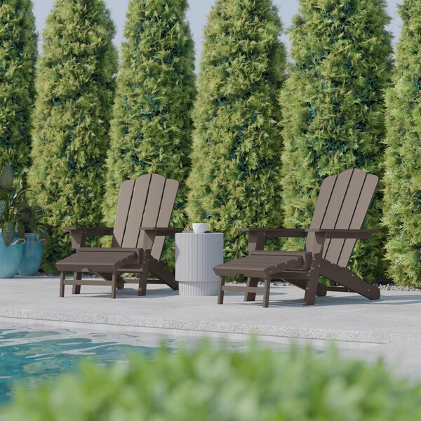 Flash Furniture Newport Adirondack Chair w/Cup Holder and Pull Out Ottoman, All-Weather HDPE, Brown, 2PK - 2-LE-HMP-1044-110-BR-GG