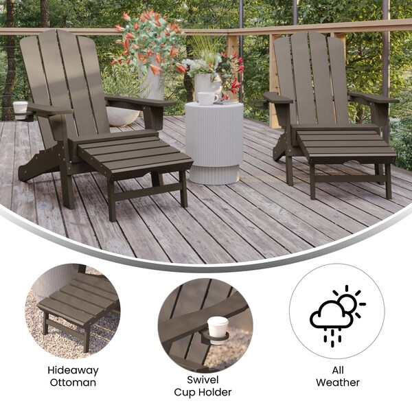 Flash Furniture Newport Adirondack Chair w/Cup Holder and Pull Out Ottoman, All-Weather HDPE, Brown, 2PK - 2-LE-HMP-1044-110-BR-GG