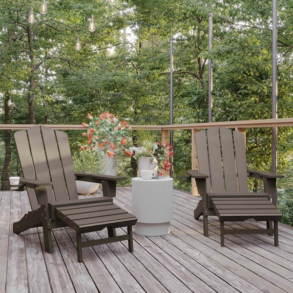 Flash Furniture Newport Adirondack Chair w/Cup Holder and Pull Out Ottoman, All-Weather HDPE, Brown, 2PK - 2-LE-HMP-1044-110-BR-GG