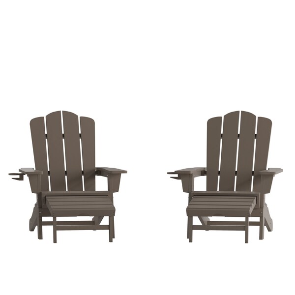 Flash Furniture Newport Adirondack Chair w/Cup Holder and Pull Out Ottoman, All-Weather HDPE, Brown, 2PK - 2-LE-HMP-1044-110-BR-GG