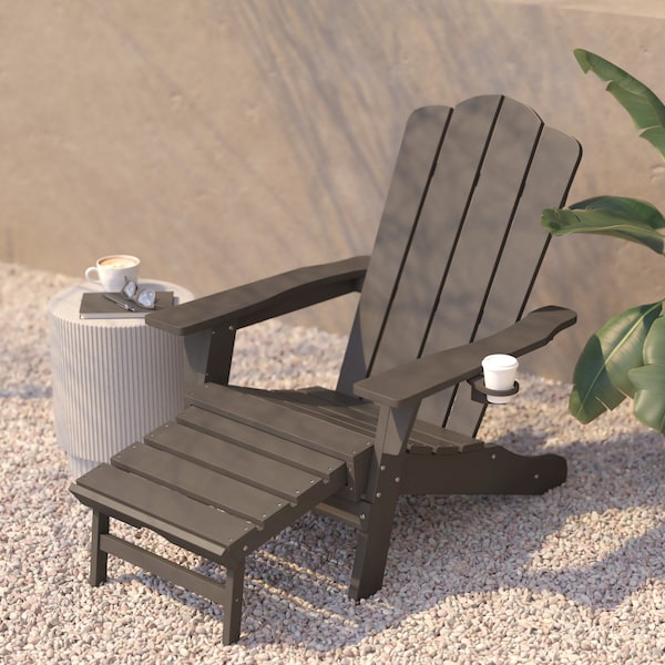 Flash Furniture Newport Adirondack Chair w/Cup Holder and Pull Out Ottoman, All-Weather HDPE, Brown, 2PK - 2-LE-HMP-1044-110-BR-GG
