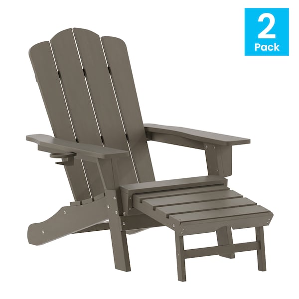 Flash Furniture Newport Adirondack Chair w/Cup Holder and Pull Out Ottoman, All-Weather HDPE, Brown, 2PK - 2-LE-HMP-1044-110-BR-GG