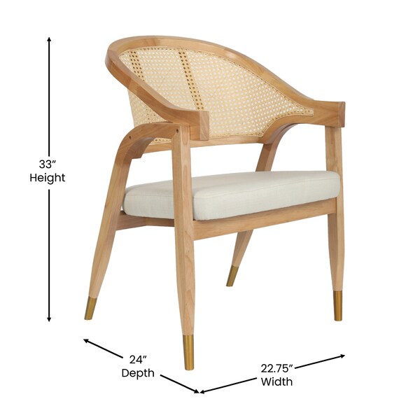 Flash Furniture Naomi Cane Rattan Dining and Accent Chair w/Solid Wood Frme, Gold Tipped Legs and Beige Padded Seat - SK-220901-NAT-GG