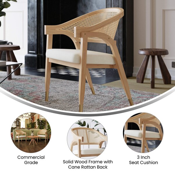 Flash Furniture Naomi Cane Rattan Dining and Accent Chair w/Solid Wood Frme, Gold Tipped Legs and Beige Padded Seat - SK-220901-NAT-GG
