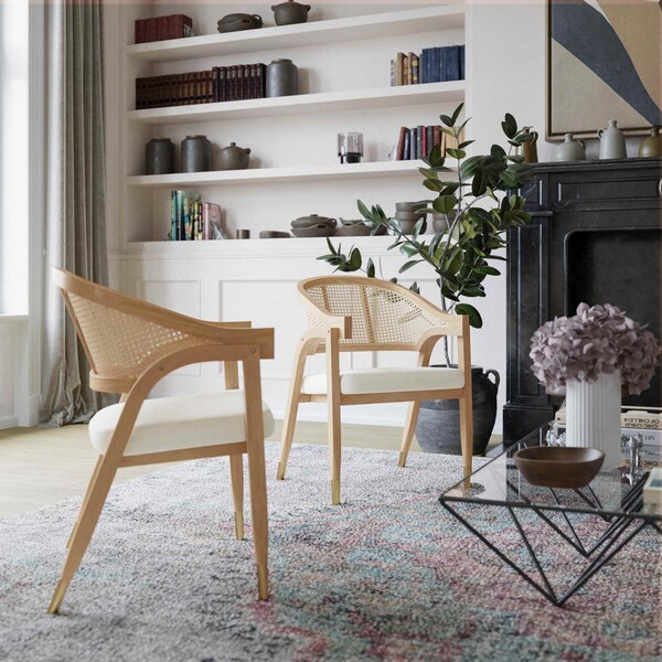 Flash Furniture Naomi Cane Rattan Dining and Accent Chair w/Solid Wood Frme, Gold Tipped Legs and Beige Padded Seat - SK-220901-NAT-GG