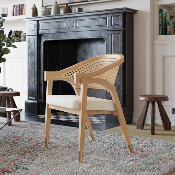 Flash Furniture Naomi Cane Rattan Dining and Accent Chair w/Solid Wood Frme, Gold Tipped Legs and Beige Padded Seat - SK-220901-NAT-GG