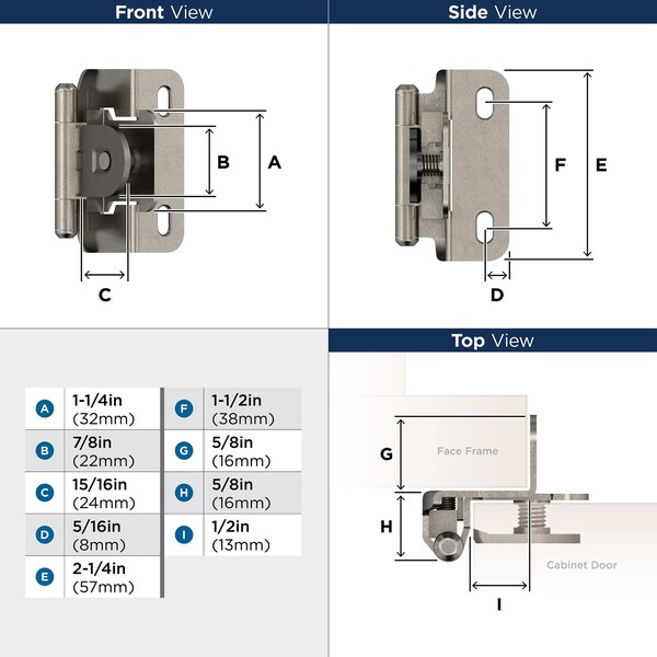 Amerock 1/2in 13mm Overlay Single Demountable Partial Wrap Nickel Cabinet Hinge, 1 Pair - BPR871914