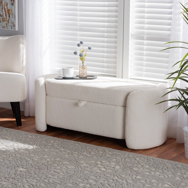 Baxton Studio Oakes Modern and Contemporary Ivory Boucle Upholstered Storage Bench - 220-12863-ZORO
