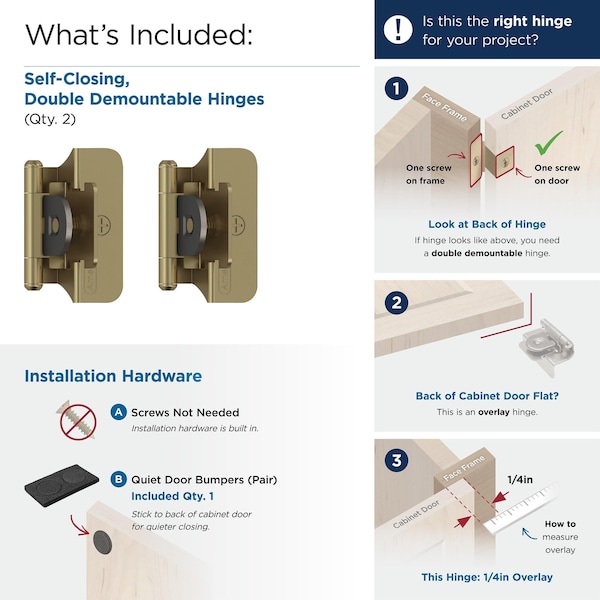 Amerock 1/4in 6mm Overlay Double Demountable Golden Champagne Cabinet Hinge, 1 Pair - BPR8701BBZ