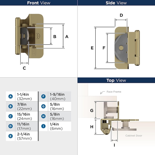 Amerock 1/4in 6mm Overlay Double Demountable Golden Champagne Cabinet Hinge, 1 Pair - BPR8701BBZ