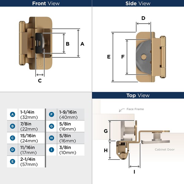 Amerock 3/8in 10mm Inset Double Demountable Champagne Bronze Cabinet Hinge, 1 Pair - BPR8700CZ