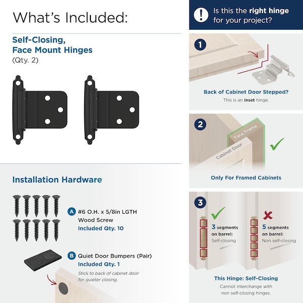 Amerock 3/8in 10 mm Inset Self-Closing, Face Mount Flat Black Hinge - 1 Pair - BPR3428FB