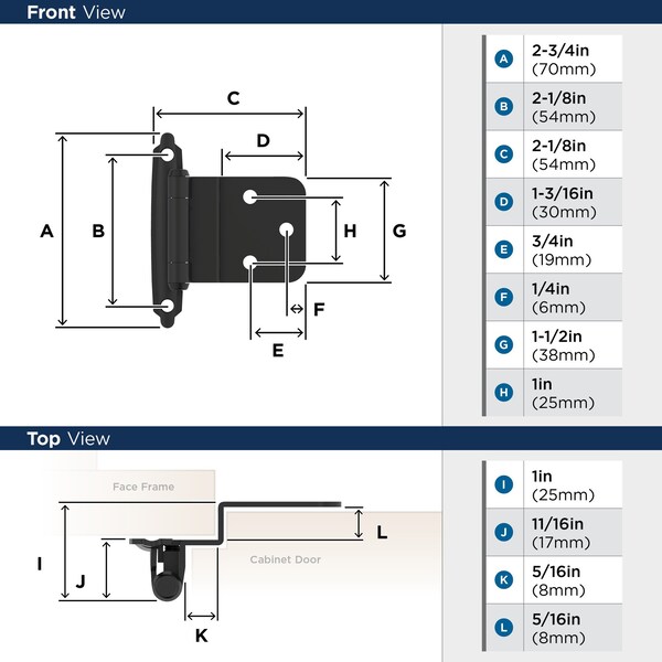 Amerock 3/8in 10 mm Inset Self-Closing, Face Mount Flat Black Hinge - 1 Pair - BPR3428FB