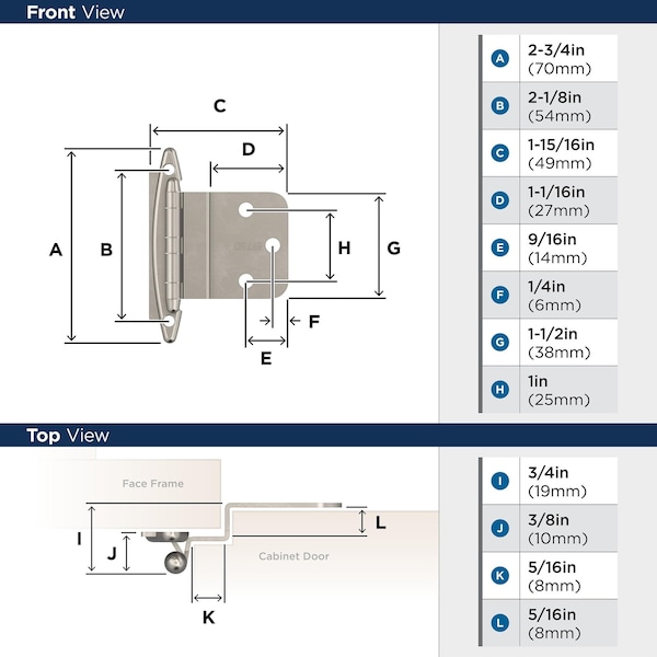 Amerock 3/8in 10 mm Inset Non Self-Closing, Face Mount Satin Nickel Hinge, 10PK - 1887597