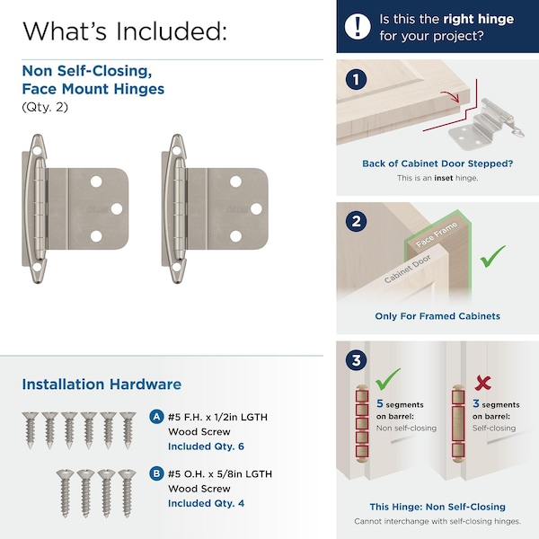 Amerock 3/8in 10 mm Inset Non Self-Closing, Face Mount Satin Nickel Hinge, 10PK - 1887597