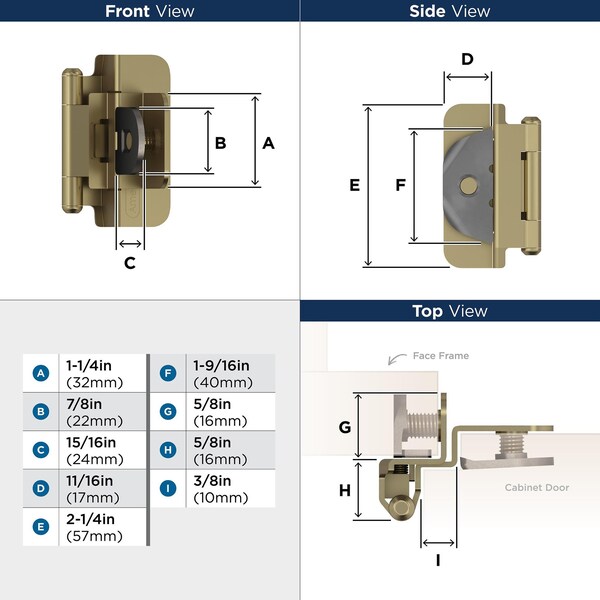 Amerock 3/8in 10mm Inset Double Demountable Golden Champagne Cabinet Hinge, 1 Pair - BPR8700BBZ