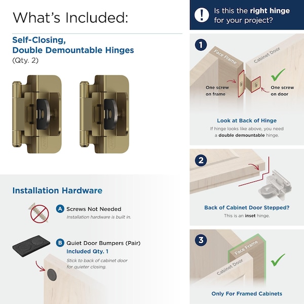 Amerock 3/8in 10mm Inset Double Demountable Golden Champagne Cabinet Hinge, 1 Pair - BPR8700BBZ