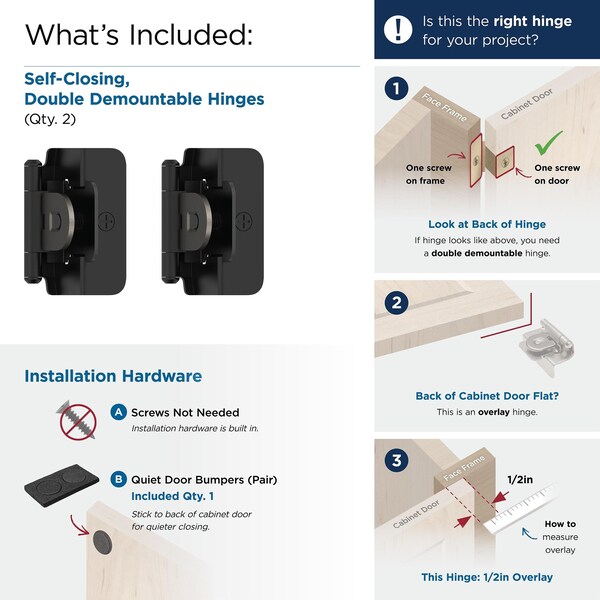 Amerock 1/2in 13mm Overlay Double Demountable Matte Black Cabinet Hinge, 1 Pair - BPR8704FB